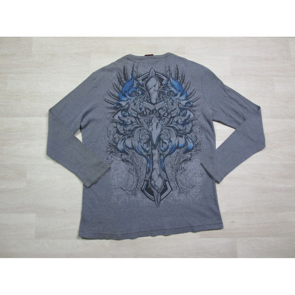 MMA Elite Shirt Men's (2XL) Grey Thermal‎ Waffle Knit Eagle & Cross Y2K Graphic